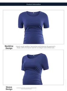 Detail of round neckline and side ruching on maternity short sleeve dress