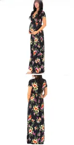 Detailed back and side views of floral print maxi maternity dress with V-neckline