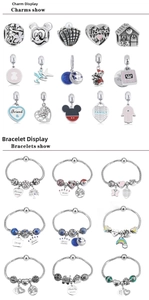Detailed grid showing silver charms with Disney icons and heart pendants for DIY bracelets