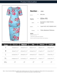 Detailed size chart for short sleeve maternity dress with fabric and care instructions