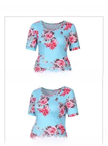 Detail of round neckline and floral rose pattern on a slim-fit maternity dress
