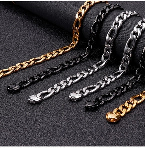 Close-up of flat Cuban links in gold, black, and silver stainless steel finishes