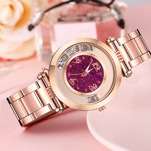 Elegant rose gold women watch with purple glitter dial and floating rhinestones