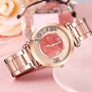 Detail of rose gold quartz watch with glitter dial and crystals in floral setting