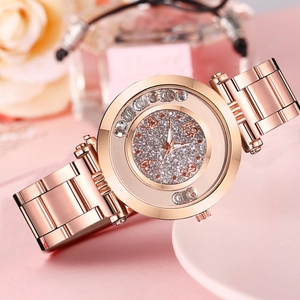 Fashion rose gold women's watch featuring a glitter dial and floating rhinestones