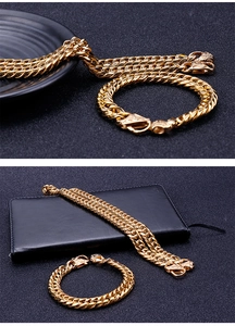 Detailed close-up of golden Cuban link necklace and bracelet set on a textured dark background
