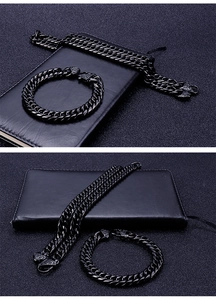 Close-up of black stainless steel Cuban chain set with Viking dragon head clasps