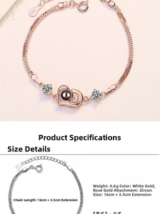 Detailed view of S925 silver heart bracelet showing 100 languages projection stone