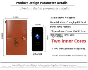 Brown leather travel notebook showing precise outer and inner size dimensions in detail