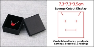 Detail of square black kraft paper jewelry box with multifunctional foam insert showing dimensions