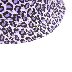 Detailed close-up of purple leopard print bucket hat showing reinforced brim stitching