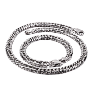 Polished silver stainless steel Cuban link necklace and bracelet set for men