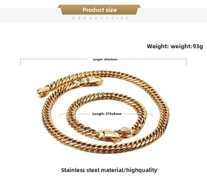 Detail showing dimensions and specifications for gold 9mm Cuban link chain set