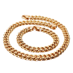 Polished gold-plated Cuban link necklace and bracelet set for men on white background