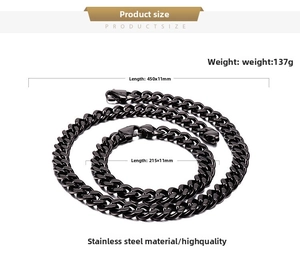 Detailed view of gunmetal stainless steel cuban chain link necklace and bracelet set