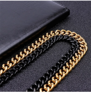 Detailed view of bicolor Cuban link chain in contrasting gold and black stainless steel
