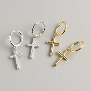 S925 sterling silver cross hoop earrings with sparkling cubic zirconia in gold and silver