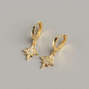 S925 sterling silver gold plated hoop earrings with star pendants and clear crystals