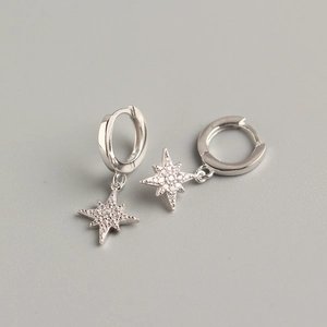 Detailed view of silver S925 sterling silver star hoop earrings with sparkling zircon
