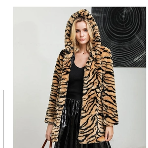 Women Faux Fur Coat Hooded Mid-length Winter Jacket Animal Print Tiger Zebra Stripe Long Sleeve Warm Outerwear