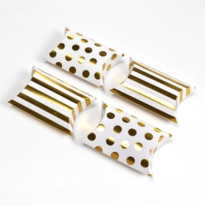 Mini pillow gift boxes with gold foil polka dots and stripes patterns on white cardstock
