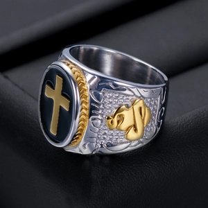 Vintage 21mm stainless steel cross ring with gold religious relief on black oval base