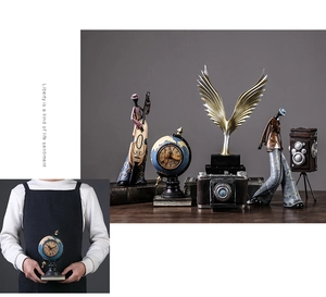 Creative vintage home decor collection including retro clock and sculptures on wooden shelf