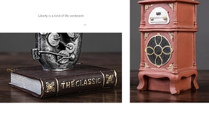 Detail of vintage resin ornament with retro cabinet design and antique book-shaped base