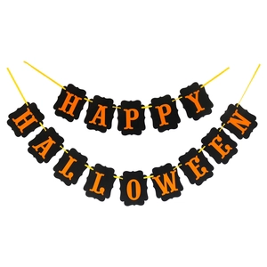 Halloween banner with orange Happy Halloween lettering on black swallowtail flags