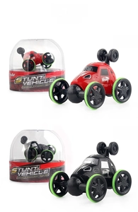 Dual-color mini stunt cars in red and black with gear-shaped green wheels in packaging