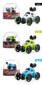 Detailed comparison of mini stunt RC cars in white, green and blue with spherical packaging