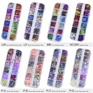Macro shot of 12-grid nail art sequins sets in various laser colors and shapes