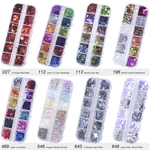 A 12-grid set of laser nail art glitter flakes in various shapes like stars and hearts