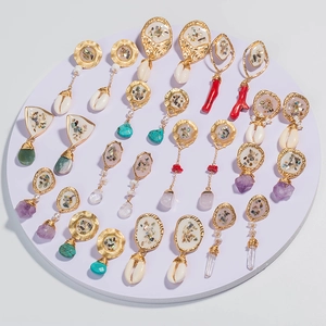 Bohemian colorful shell and natural stone dangle earrings in gold-tone setting