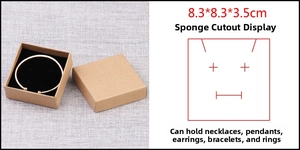 Brown kraft jewelry box with black foam insert showing dimensions 8.3x8.3x3.5cm
