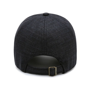 Men's casual baseball cap with textured fabric and metal buckle from a rear view angle