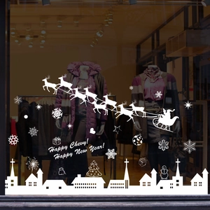 Christmas reindeer sleigh wall stickers with snowflakes and house silhouettes decor