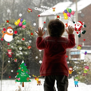 Christmas Window Clings PVC Santa Claus Snowman Reindeer Wall Stickers For Shop Glass Holiday Home Decoration Cartoon