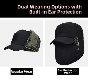 Detail of men's winter trapper hat with windproof fabric and double wearing styles