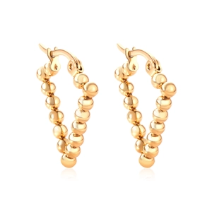 Chic golden V-shaped beaded hoop earrings with a polished mirror finish on white backdrop