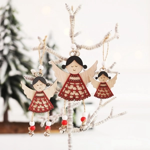 Christmas Wooden Angel Ornaments Hollow Star Wood Beads Metal Bell Xmas Tree Hanging Pendant Nordic Style Holiday Decor