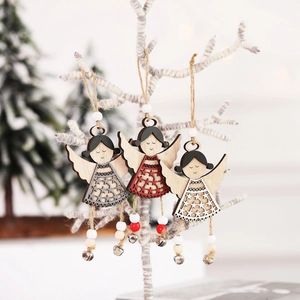 Nordic hollow wooden angel ornaments with bells and hemp ropes for Christmas decor