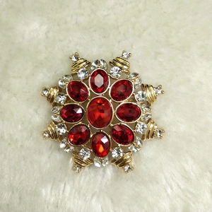 Macro view of gold star brooch featuring red gemstones and white crystals on white fur