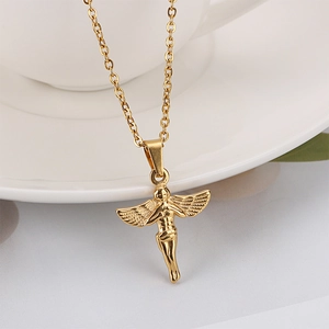 Elegant gold titanium steel necklace featuring a 3D angel pendant on a white background
