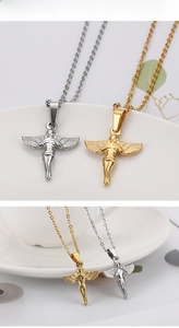 Detailed view of angel pendant necklaces in gold and silver finish stainless steel