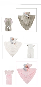 Collage of baby security blankets featuring rabbit, sheep, and elephant plush designs
