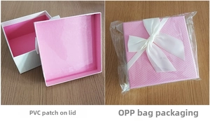 Detail view of pink and white gift box showing reinforced lid and OPP bag packaging