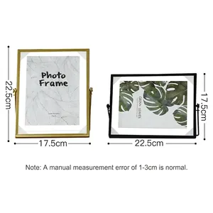 Minimalist gold and black rotating metal photo frame with dimensions and 5x7 inch display