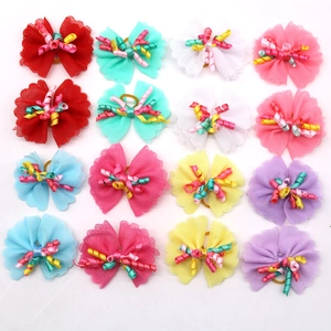 Pet Dog Hair Bows Multicolored Mesh Lace Bowknot With Curly Ribbon Elastic Rubber Bands For Puppy Grooming Accessories