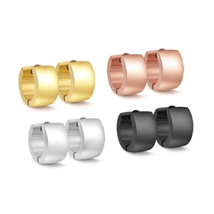Detail view of round stainless steel earrings in gold, rose gold, silver, and black finish